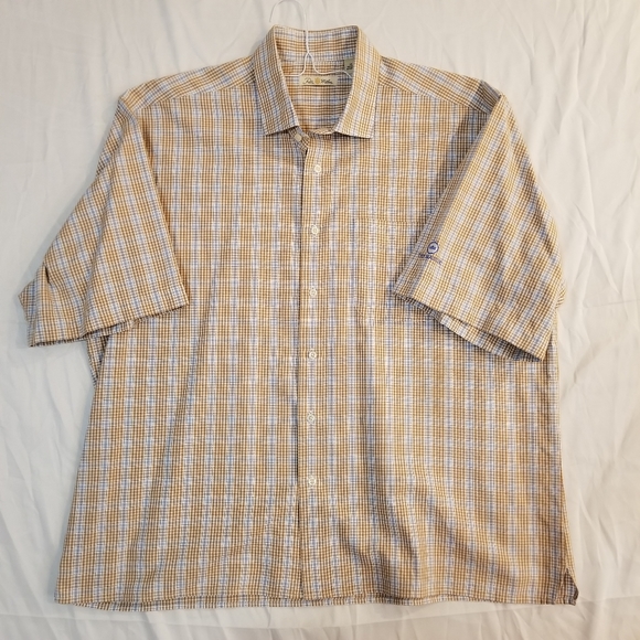 Peter Millar Short Sleeve Button Up Shirt Tan Blue Check Plaid XL - Picture 13 of 16